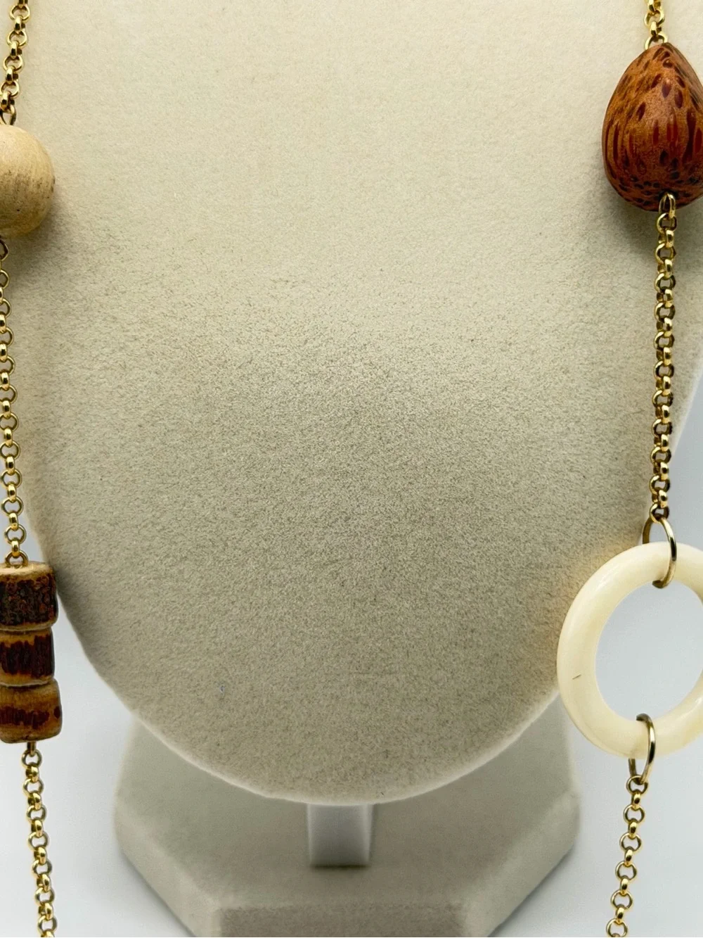 Gold-Tone Chain Necklace with Natural Brown & Cream Wood Accents